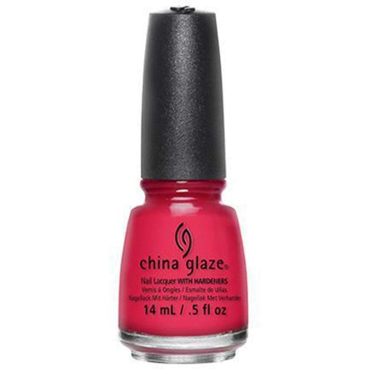 China Glaze bright coral red nail polish bottle with black cap.