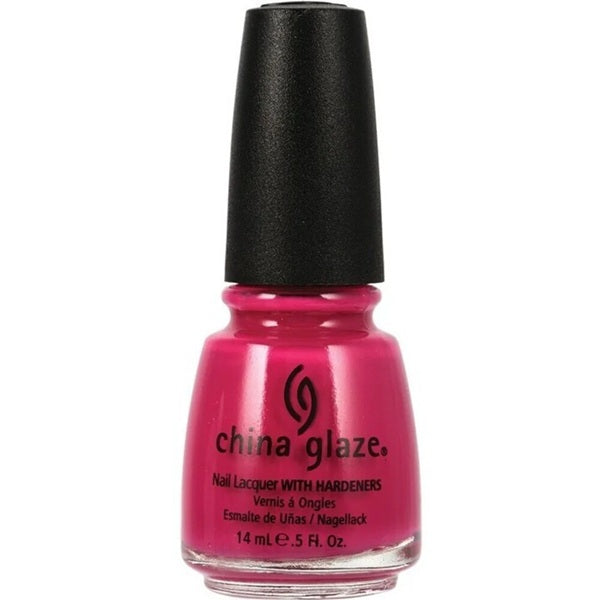 China Glaze bright fuchsia nail polish bottle with black cap.