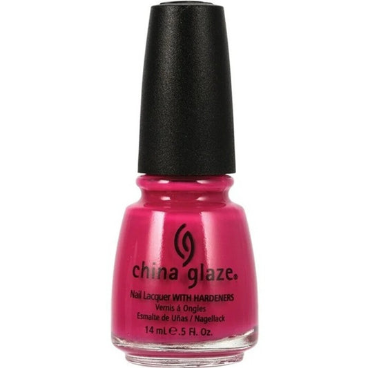 China Glaze bright fuchsia nail polish bottle with black cap.