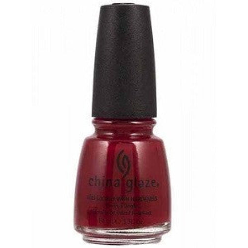 A bottle of China Glaze nail polish in a vibrant glossy cherry red color with a black cap.
