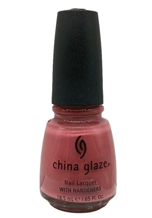 A bottle of China Glaze nail polish in Melbourne Mauve color with a black cap and a white label.