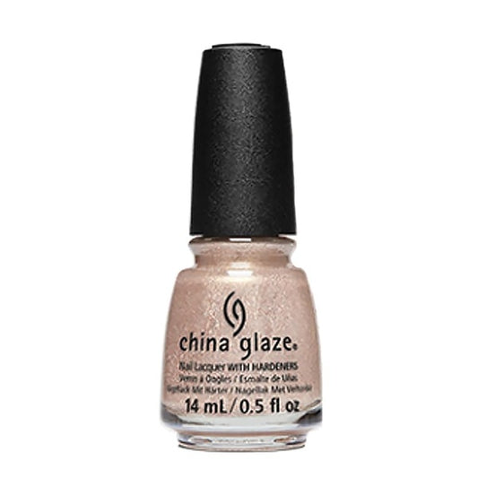 China Glaze champagne gold shimmer nail polish bottle with black cap.