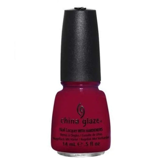 China Glaze deep berry red nail polish bottle with black cap.