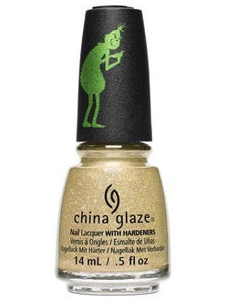 A bottle of China Glaze nail polish in a gold semi-sheer color with holographic gold glitter and a green logo on the cap.