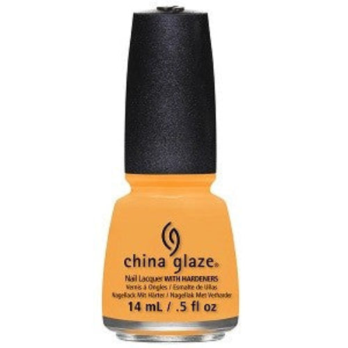 A bottle of China Glaze nail polish in a bright mustard yellow color, with the brand logo and product information on the label.