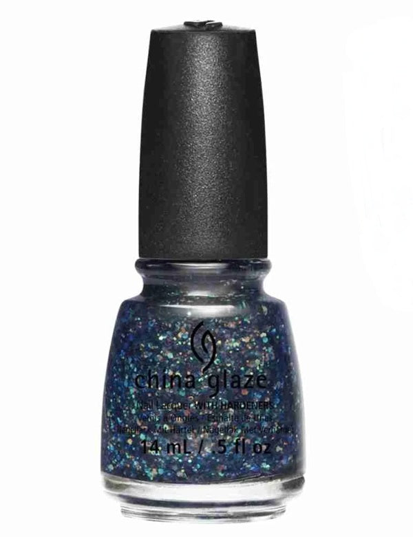 China Glaze blue and purple glitter nail polish bottle with black cap.