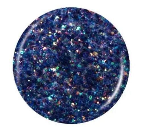 A circular close-up nail polish swatch of blue glitter nail polish, shown on a plain white background.