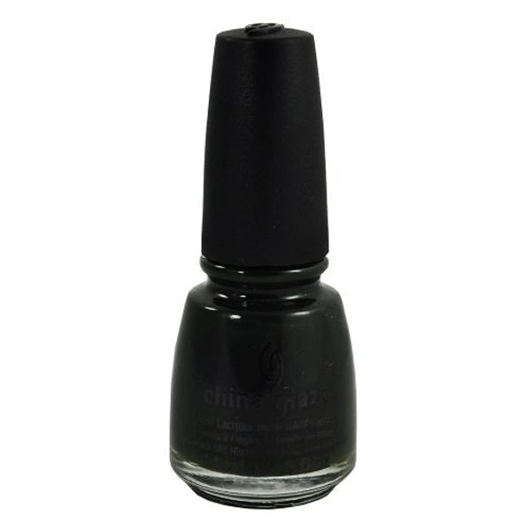China Glaze very dark green nail polish bottle with black cap.