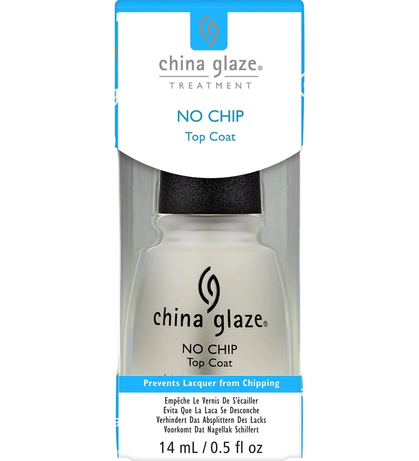 China Glaze No Chip Top Coat treatment in a 14 mL bottle with its original packaging card, featuring a white and blue design.