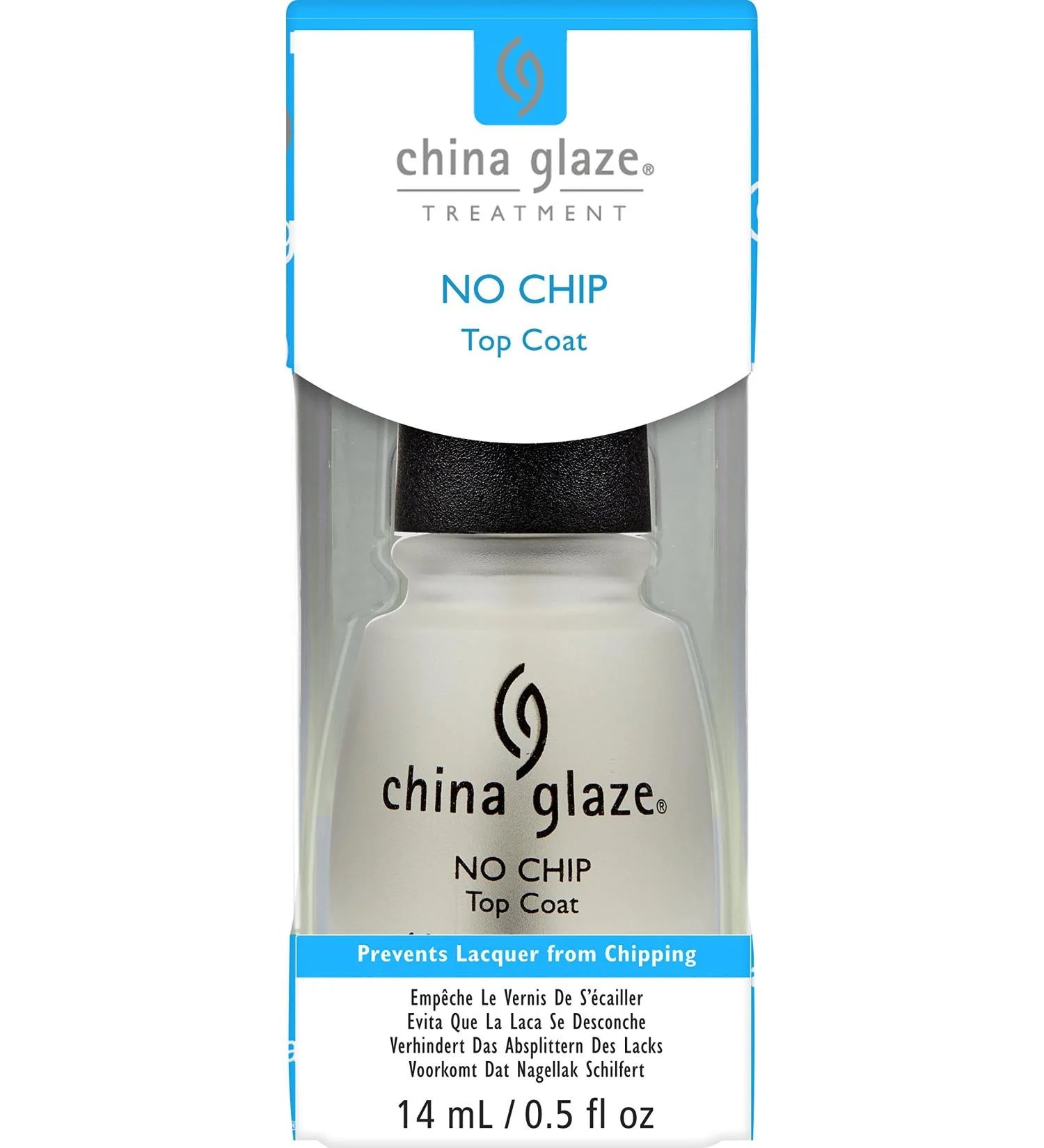 China Glaze No Chip Top Coat treatment in a 14 mL bottle with its original packaging card, featuring a white and blue design.