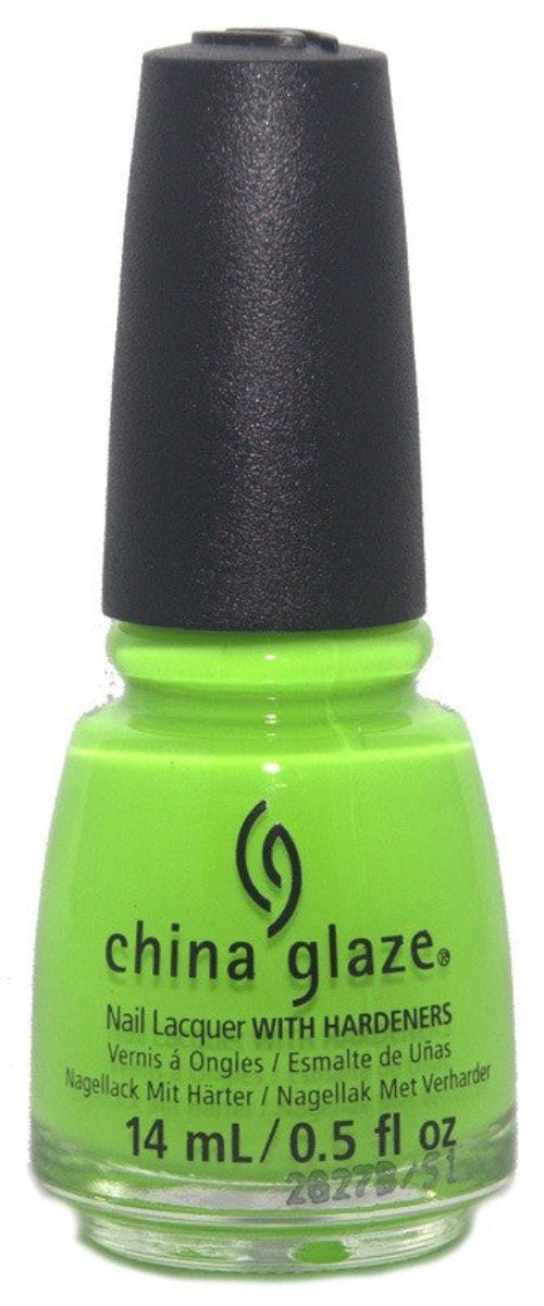 A bottle of China Glaze nail polish in a neon lime green color with a black cap.