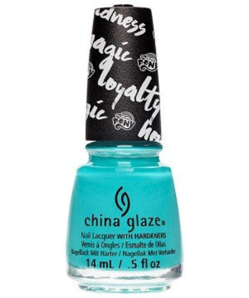 A bottle of China Glaze nail polish in a bright turquoise color with a black and white decorative cap.