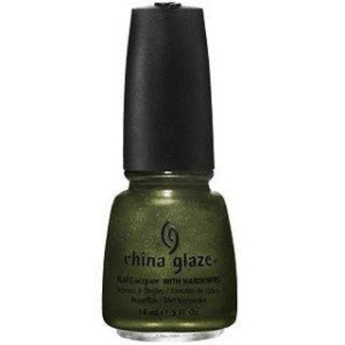 A bottle of China Glaze nail polish in a deep olive green shade with a golden shimmer, with a black cap.