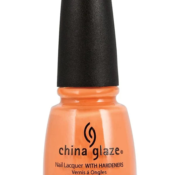 China Glaze light peach nail polish bottle with black cap.