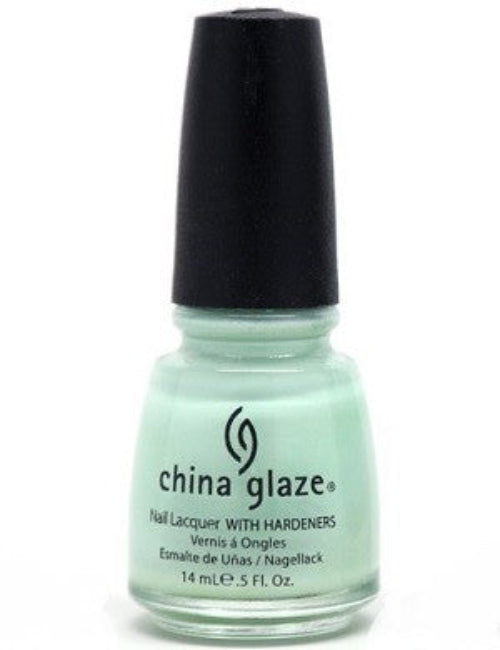 A bottle of China Glaze nail polish in a soft light mint green color, with a black cap.