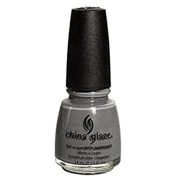 A China Glaze nail polish bottle in a gray shade, with black cap.