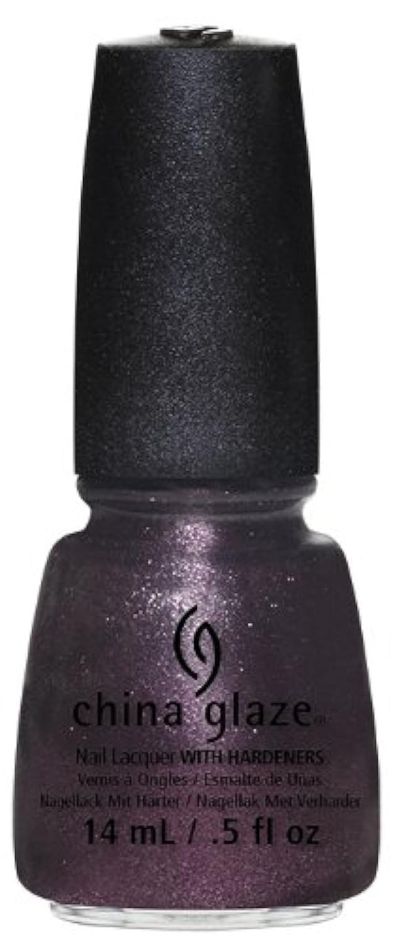 A China Glaze nail polish bottle in a deep purple shimmer shade, with a black cap.