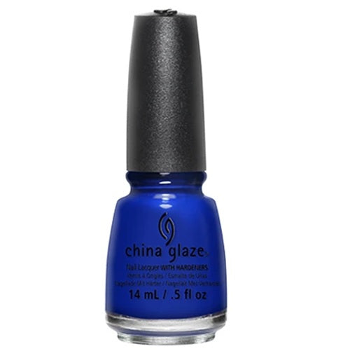 A China Glaze nail polish bottle in a blue shade, with a black cap.
