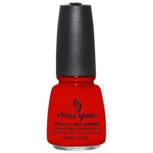 A China Glaze nail polish bottle in an orange/red shade, with a black cap.