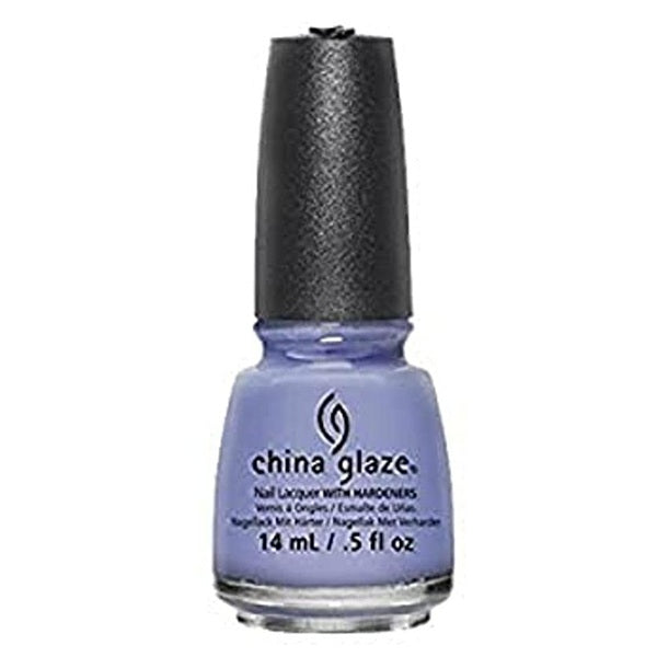 A bottle of China Glaze nail polish bottle in a periwinkle blue shade, with a black cap.