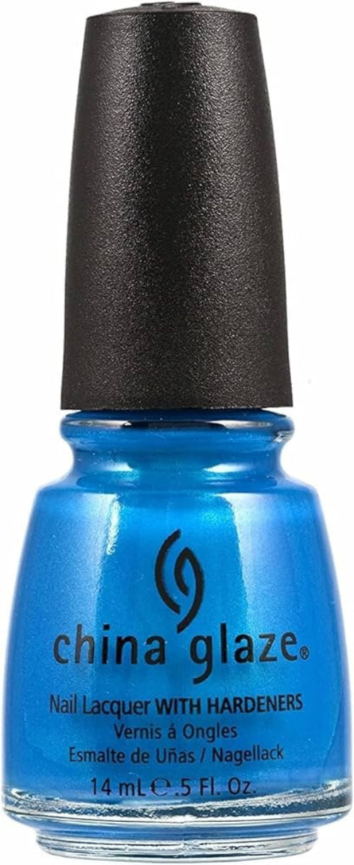 A bottle of China Glaze Nail Polish in a bright blue color with aqua shimmer, and a black cap.