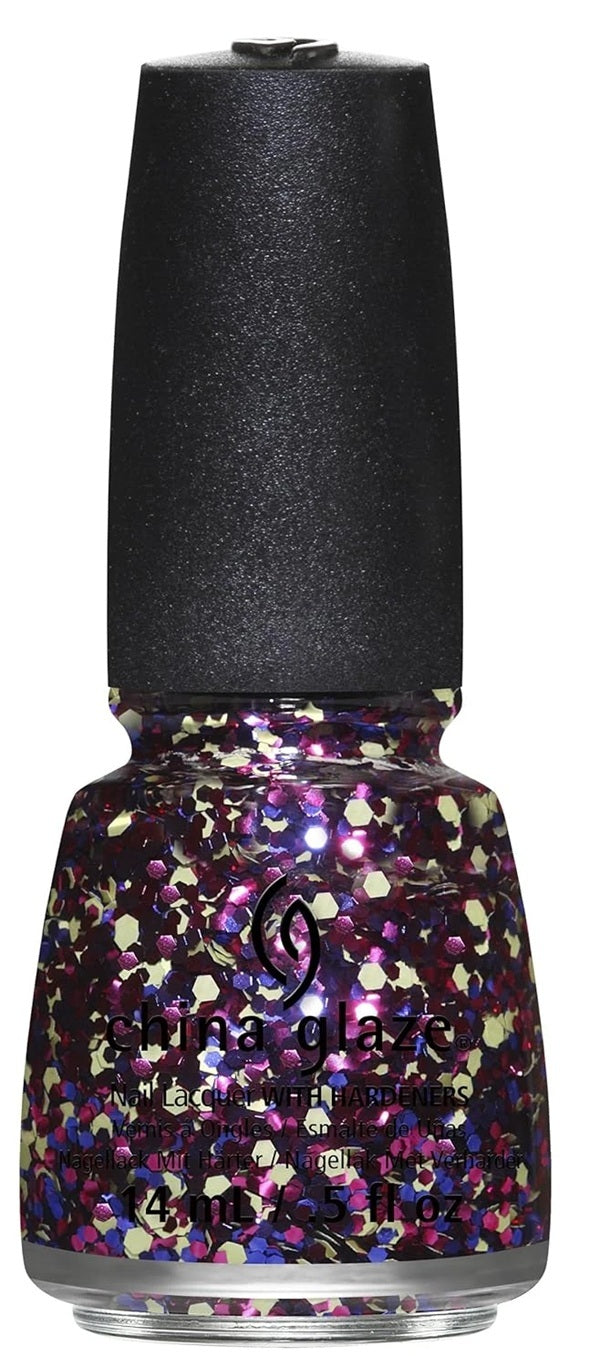 China Glaze multi-colored glitter nail polish bottle with a black cap.