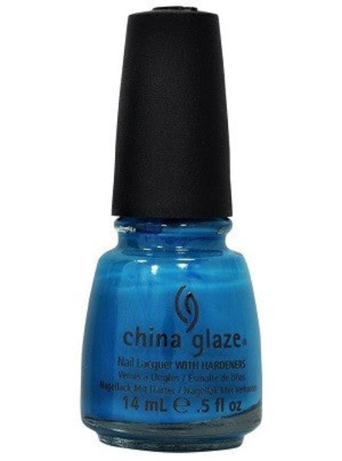 A bottle of China Glaze nail polish in a shade of aqua blue, with a black cap.