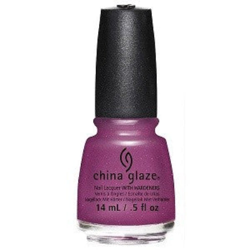 A bottle of China Glaze nail polish in a violet color with a gold shimmer, 0.50 fl. oz. size.