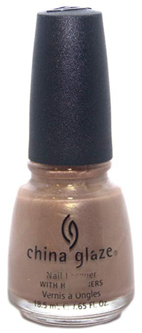 A bottle of China Glaze nail polish in a metallic light gold color with a frosted shimmer finish.