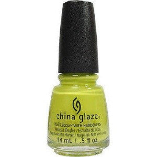 A bottle of China Glaze nail polish in a bright chartreuse green color, with a black cap.
