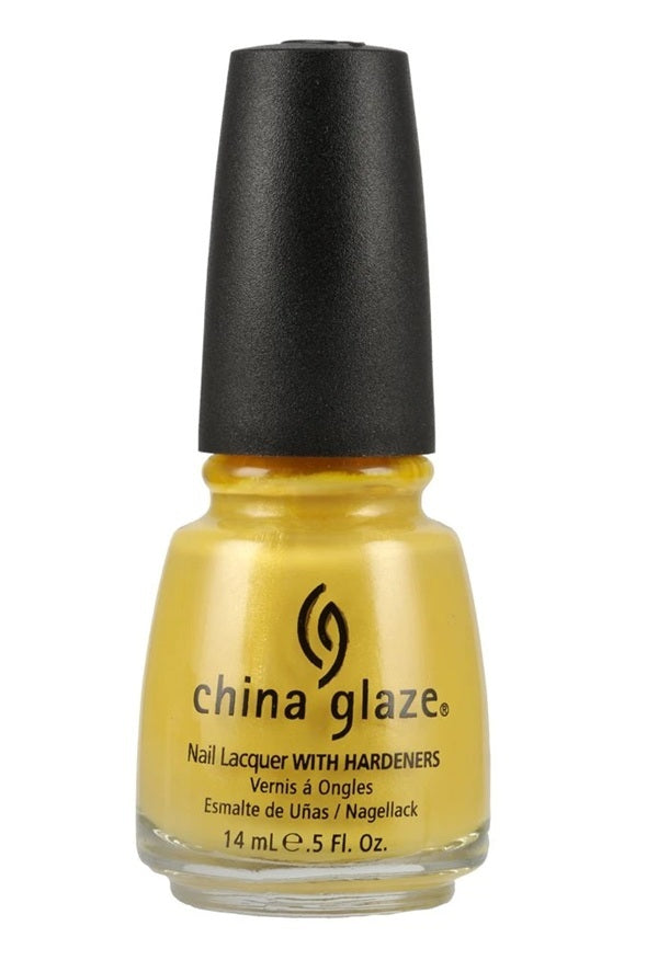 A bottle of China Glaze nail polish bottle in a yellow shade, with a black cap.