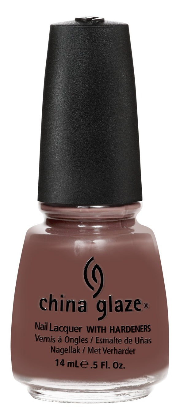 China Glaze nail polish bottle in a brown shade, with a black cap.