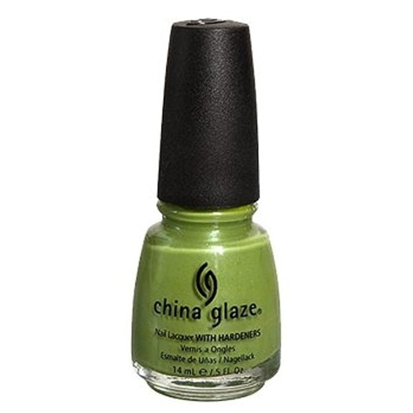 China Glaze apple green shimmer nail polish bottle with a black cap.