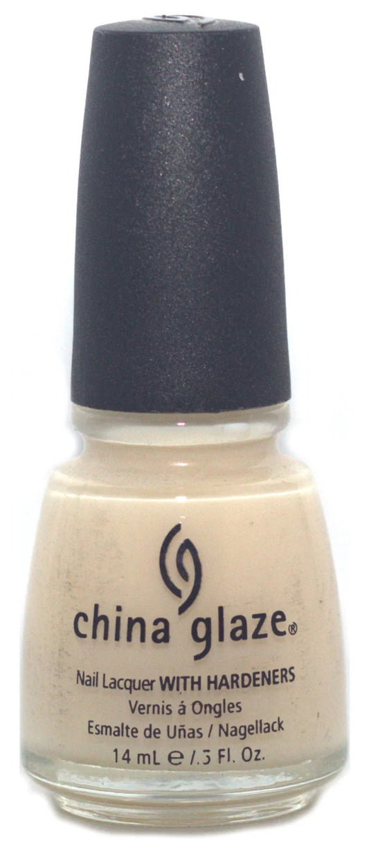 China Glaze nail polish bottle with sheer, light beige color and black cap.