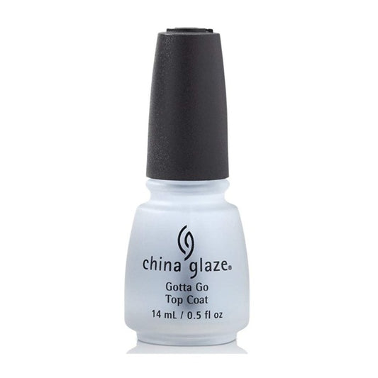 A bottle of China Glaze Gotta Go Top Coat with black cap on a plain white background. 