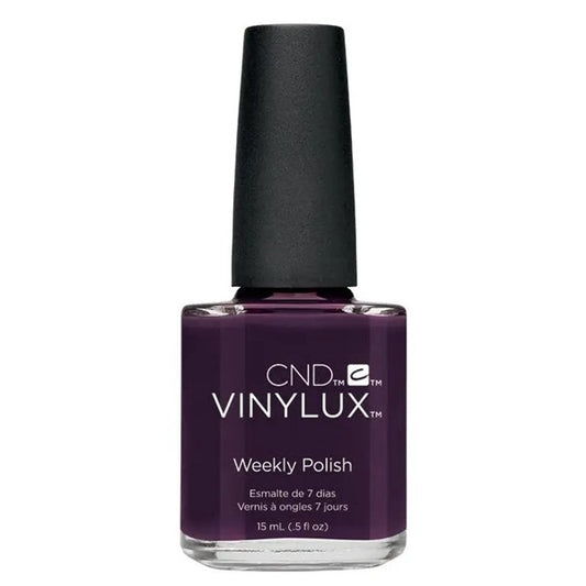 CND Vinylux purple nail polish bottle on a white background