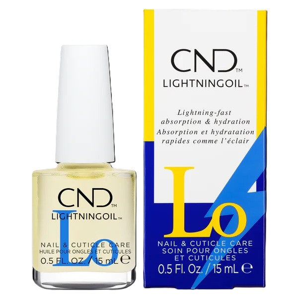 CND Lightningoil cuticle oil bottle and packaging on a white background