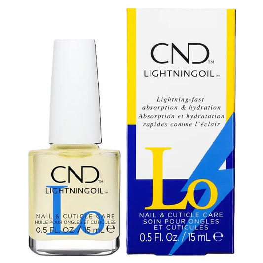 CND Lightningoil cuticle oil bottle and packaging on a white background
