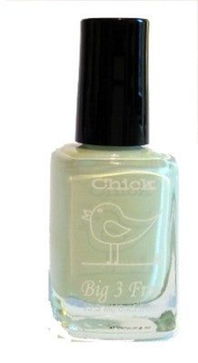 A bottle of Chick brand nail polish in a pastel light mint creme color, with a black cap and a design on the nail surface showing a bird and the text 'CHICK'.