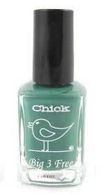 A bottle of Chick brand nail polish in a blue-toned green color, labeled 'Moss' and noted as part of the 'Big 3 Free' collection.