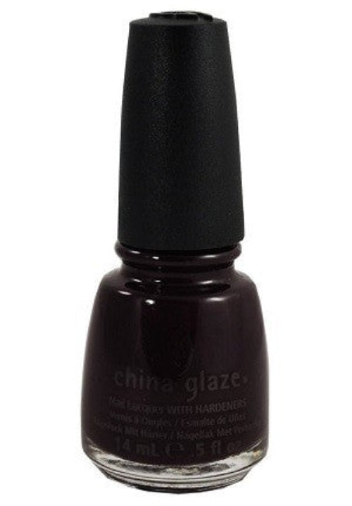 A bottle of China Glaze very dark purple nail polish with a black cap.