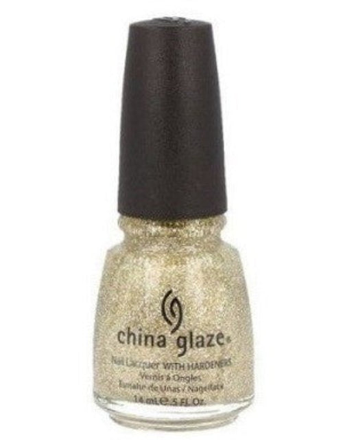 China Glaze light gold glitter nail polish with black cap.