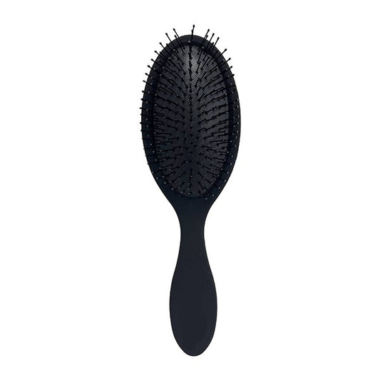 A black detangling hairbrush with a rounded handle and widely spaced bristles designed for easy detangling of hair.