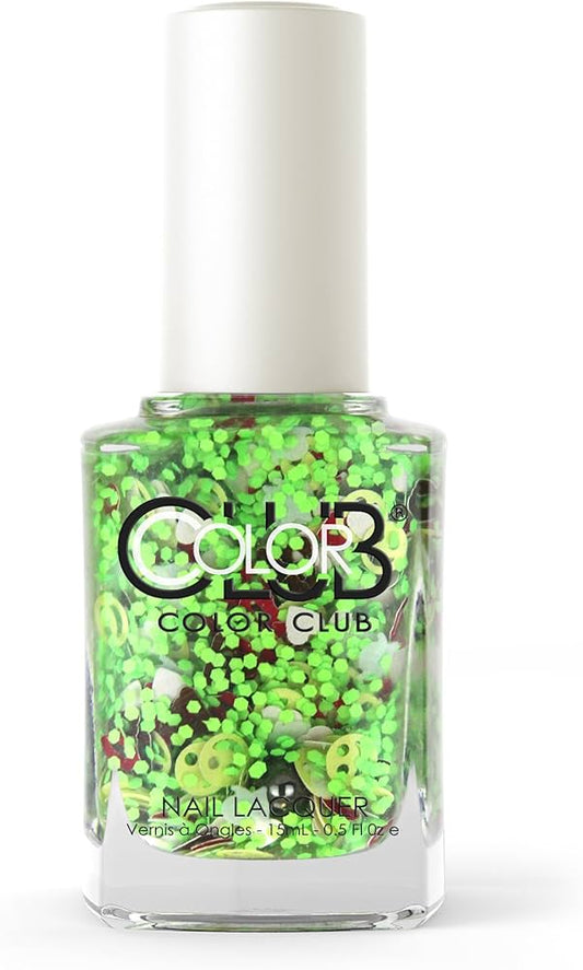 Color Club nail polish bottle with green glittery nail polish on a white background