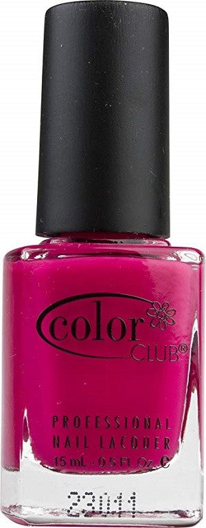 A bottle of Color Club professional nail polish in a deep pink creme color with a black cap.