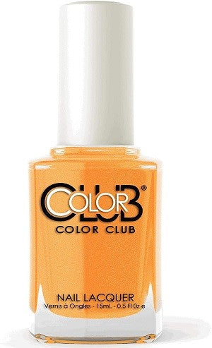 A bottle of Color Club nail polish in a bright neon sherbet orange color with a subtle pink micro-shimmer, part of the Pride and Joy Collection.