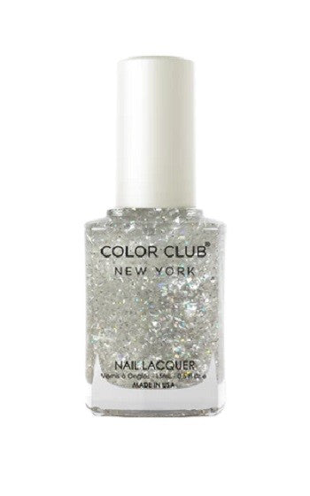 Color Club nail polish with scattered white flake particles, mixed with holographic micro-glitter, and small silver bar glitter.