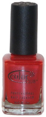 A bottle of Color Club nail polish in a vivid rosy red creme color, with the brand name and shade indicated on the label.