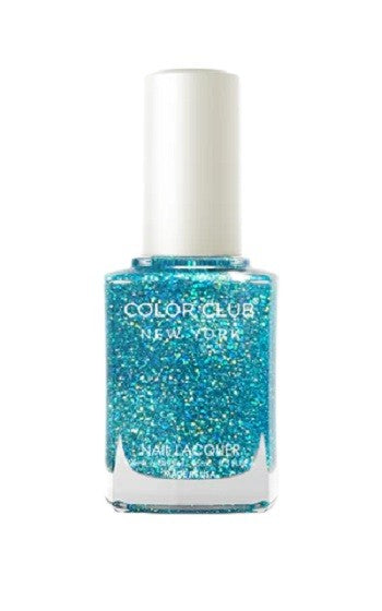 A bottle of Color Club Nail Polish in a semi-sheer aqua color with gold shimmer and multi-colored holographic micro-glitter, labeled as 'Aquarius All the Way 1368'.