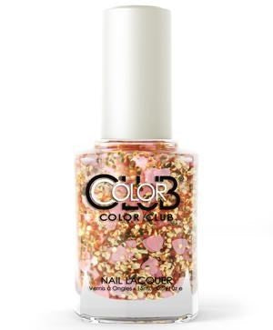 A bottle of Color Club nail polish with a glittery, multicolored design, including coppery gold and pink heart glitters, in a clear base.